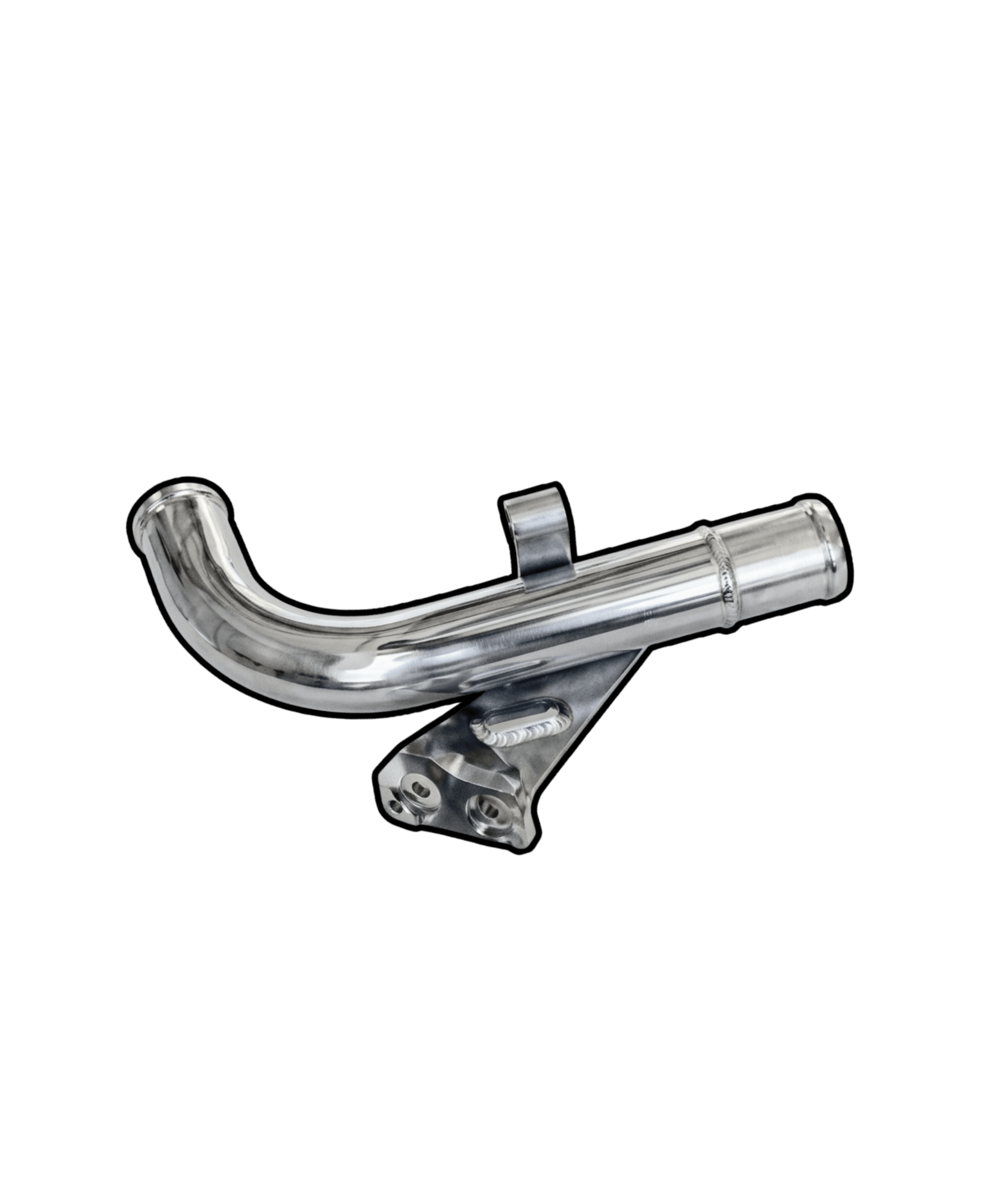 Polished aluminium coolant pipe with welded mounting bracket and hose barb ends