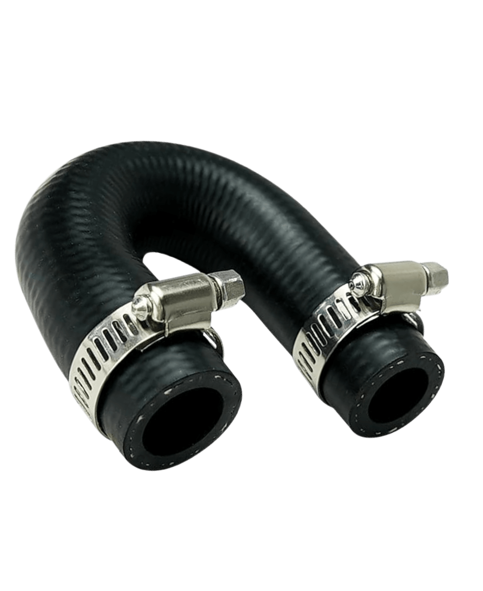 U-shaped black rubber coolant hose with two stainless hose clamps
