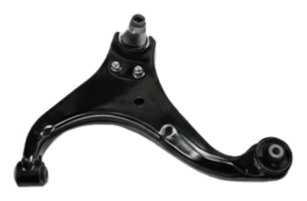 Extended lower track control arm featuring an integrated sway bar link extension bracket and a tapered steering knuckle ball joint pin.