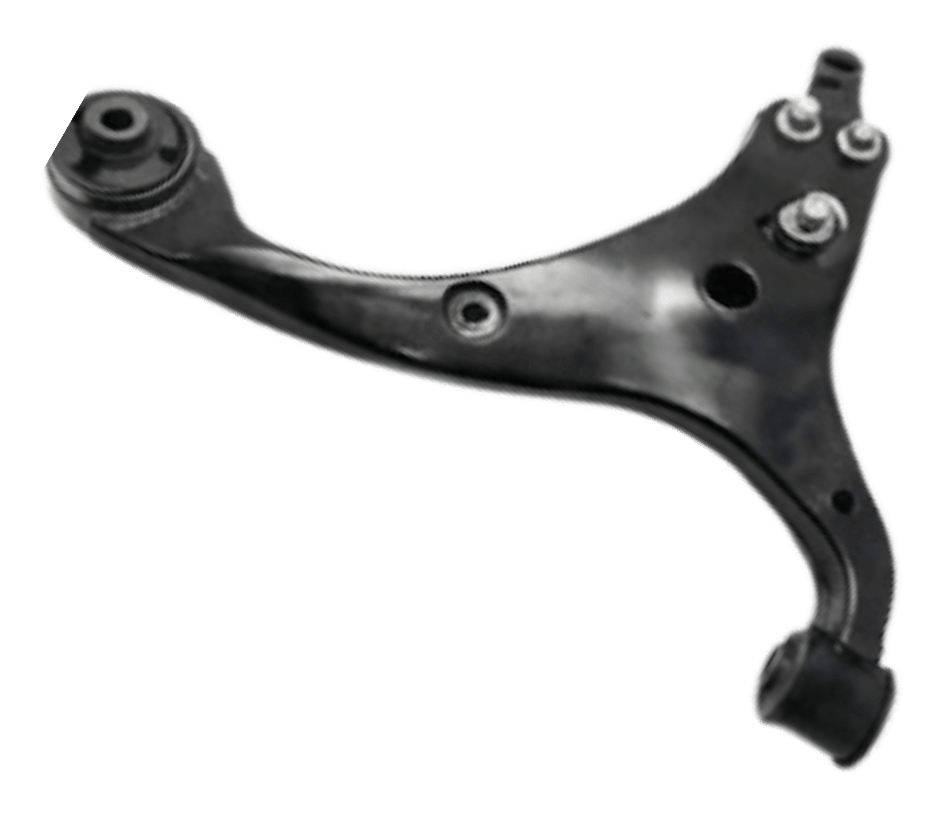 Heavy gauge forged vertical compression link rod showing a deep structural rib design and pre pressed parallel rubber isolation bushings.