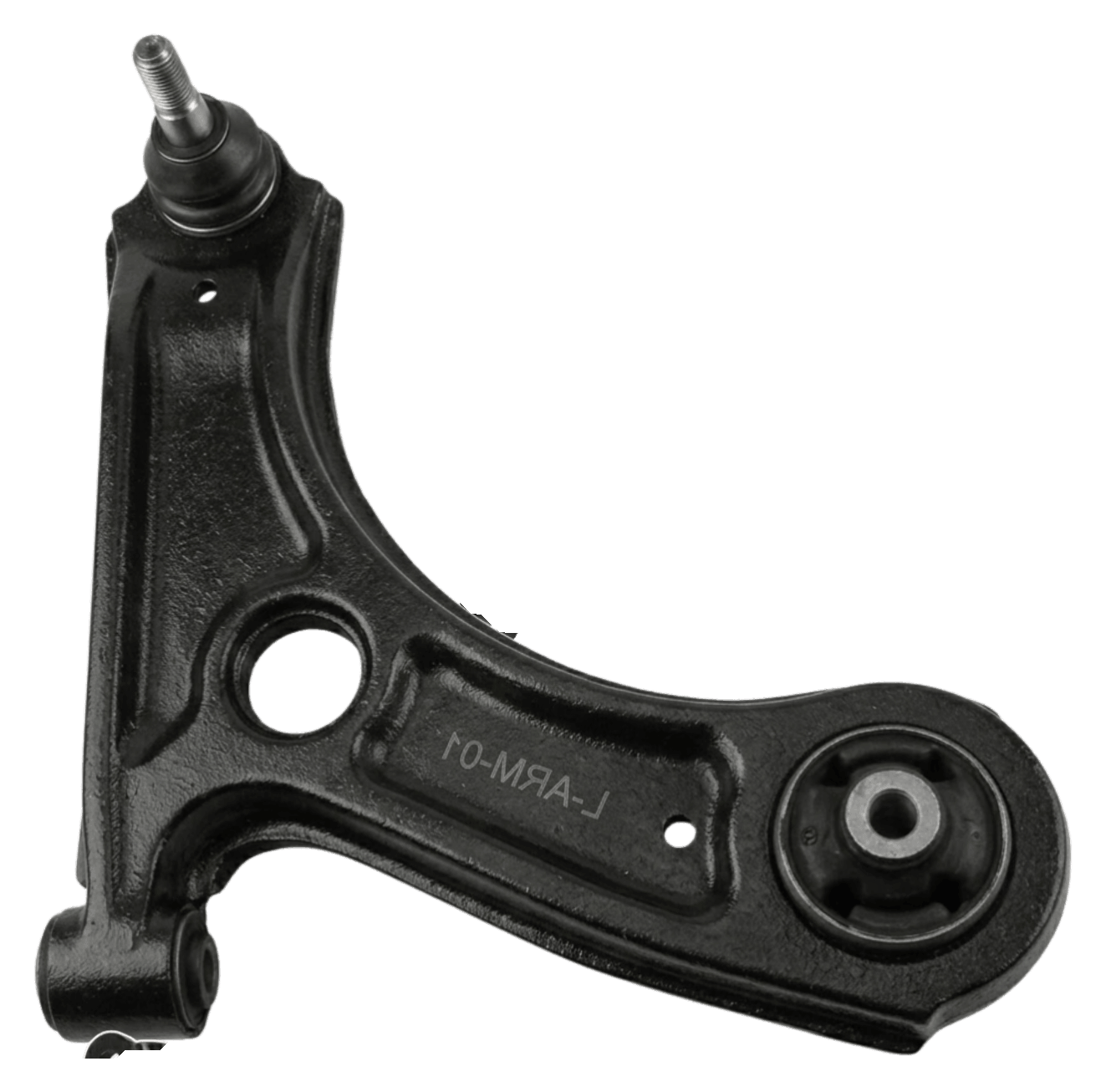 Heavy duty stamped steel front lower suspension control arm containing a welded stabilizer link bracket, a premium ball joint, and rubber bushing.