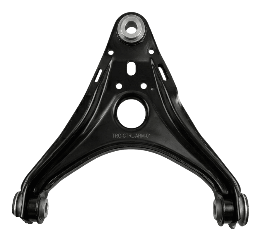 Triangular steel upper wishbone control arm stamped TRG-CTRL-ARM-01 showcasing a central clearance bore and horizontal pivot bushings.