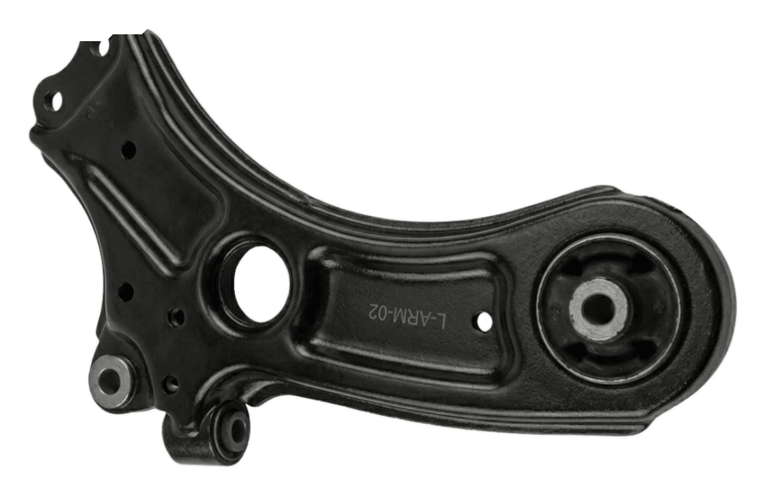 Cast structural steel front lower wishbone arm marked TO-MYA-J showing a high clearance center void and a pre-installed grease booted ball joint.