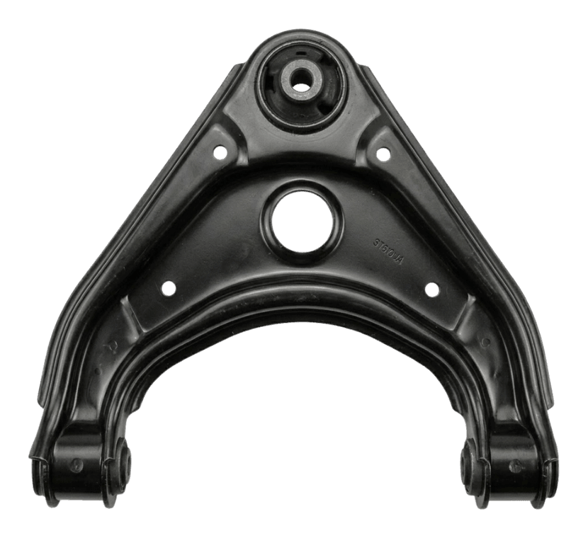 Stamped steel front lower A-arm suspension control arm featuring integrated twin bushing sleeves and dual bolt ball joint mounting hardware.