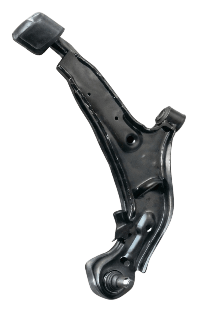 Black e-coated stamped steel lower track control arm marked K-PART 217-LF showing integrated weight reduction relief holes and pivot bushing housings.