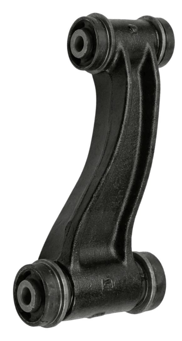 Semi-circular pressed steel trailing arm link marked L-ARM-02 containing integrated natural rubber dampening bushings and anti sway bar mountings.