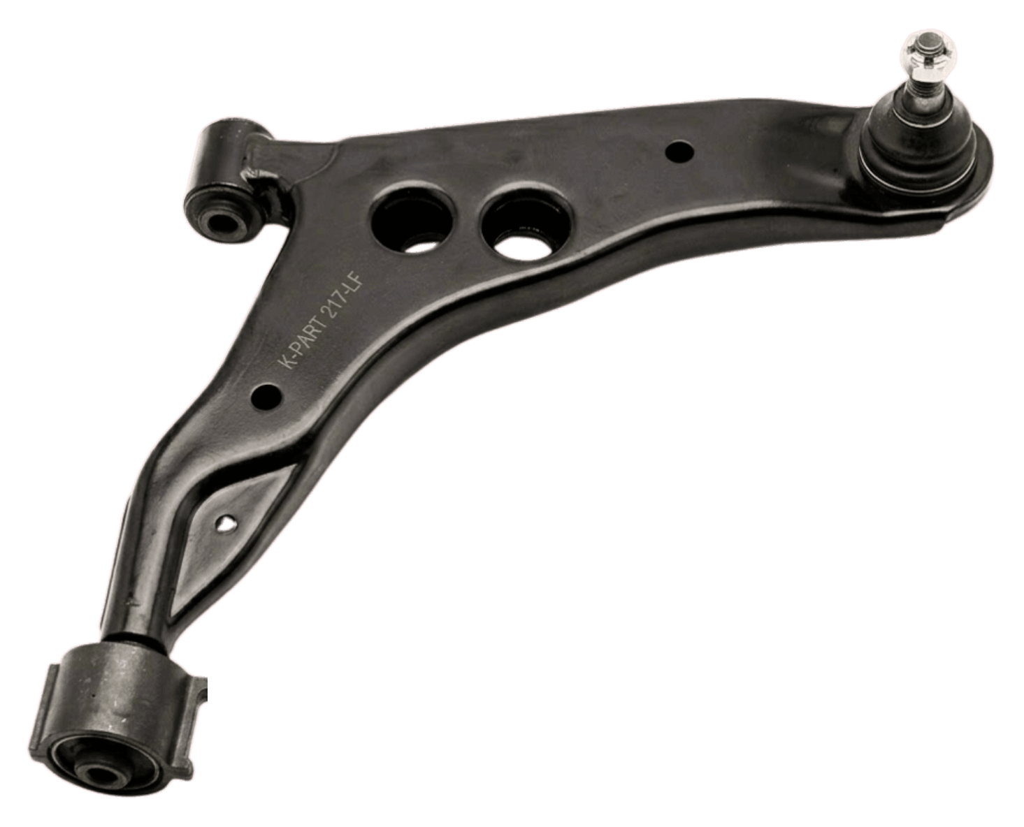Heavy duty black powder coated lower transverse track control arm designed with built in weight reduction holes and pivot housings.