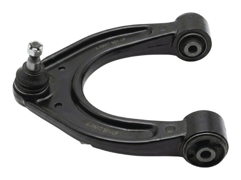 U-shaped upper wishbone control arm assembly designated K-PART 501-UF featuring dual mounting eyelet bushings and a pre-installed suspension ball joint.