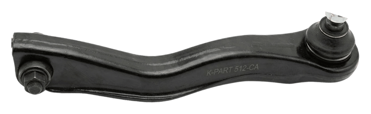 Forged steel curved trailing track control arm assembly marked K-PART 512-CA containing an integrated ball joint and heavy lock nut attachment hardware.