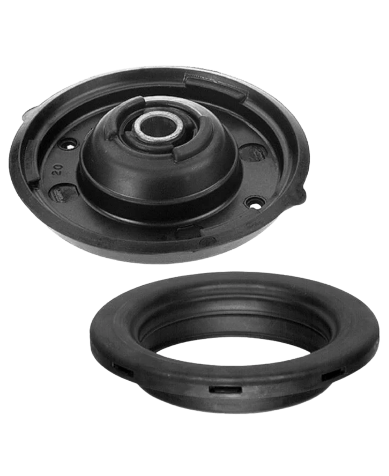 Black E-coated front suspension strut mount assembly featuring integrated cylindrical guide slots and structural vulcanized EPDM rubber dampening core rings.