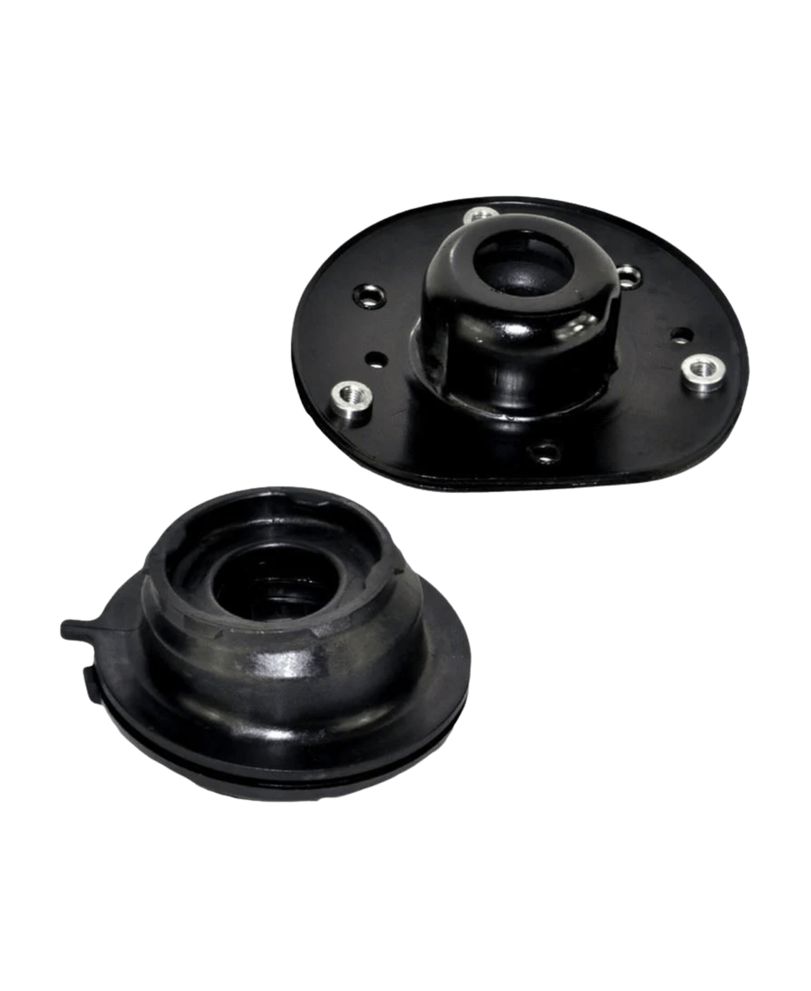 High durometer natural rubber strut mount bushing paired with a stamped steel reinforcing plate containing pre-drilled chassis mounting bolt openings.