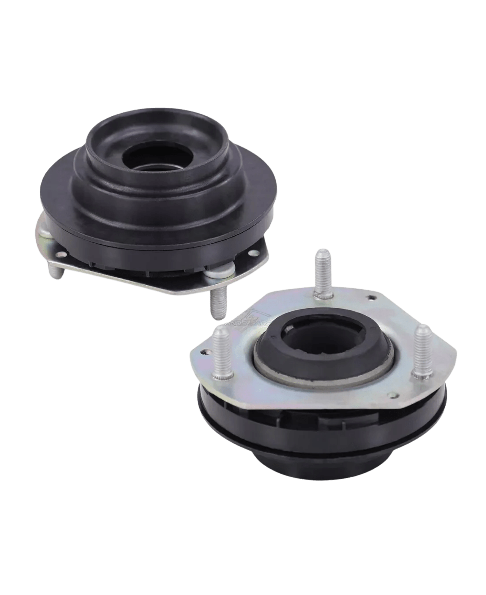 Zinc-plated hexagonal base structural strut mount plates featuring three integrated threaded mounting studs and an interior polyurethane isolation sleeve.
