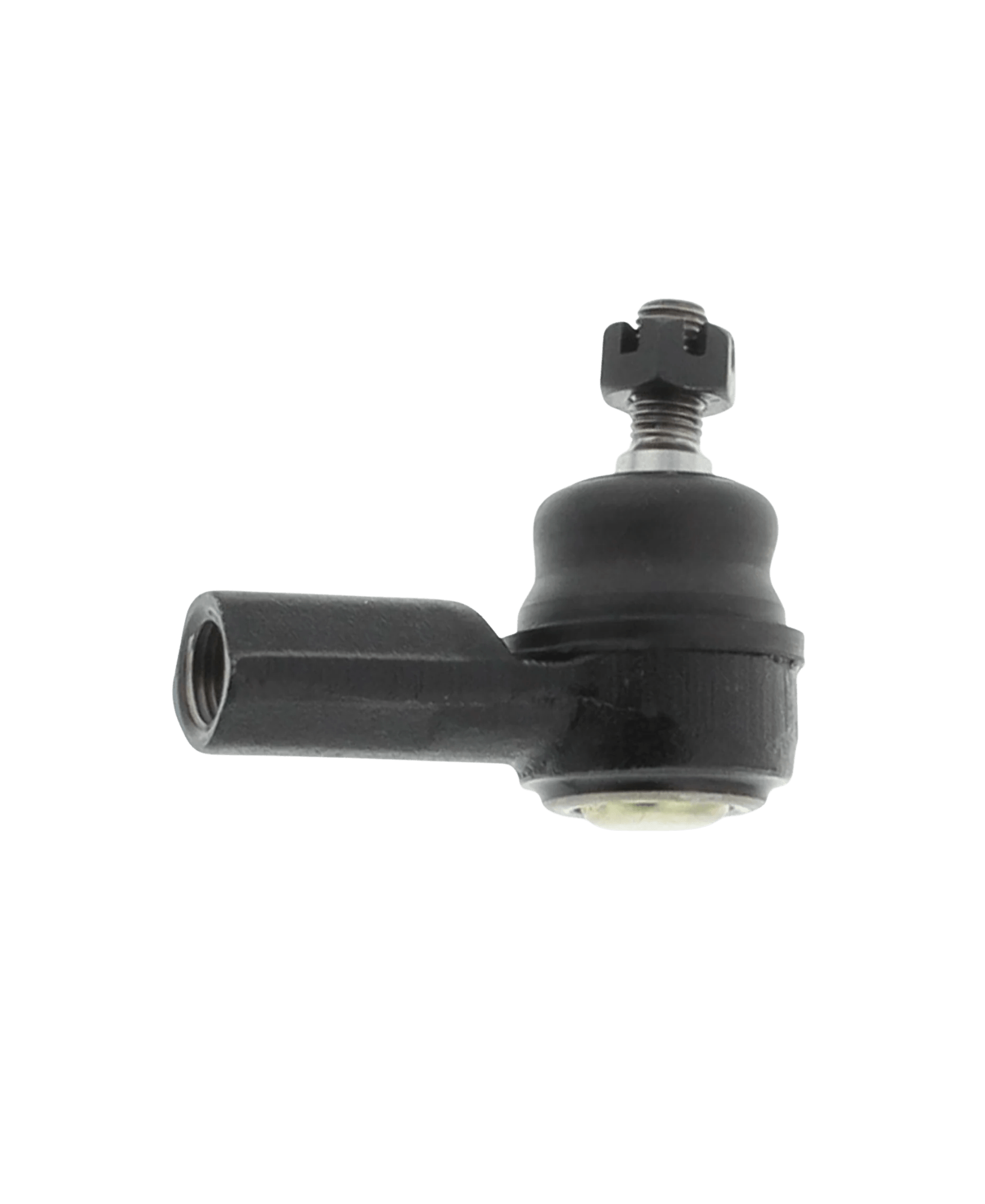 Hot-forged carbon steel short straight tie rod end showing a sealed polychloroprene multi-lip boot and a threaded castle nut stud.