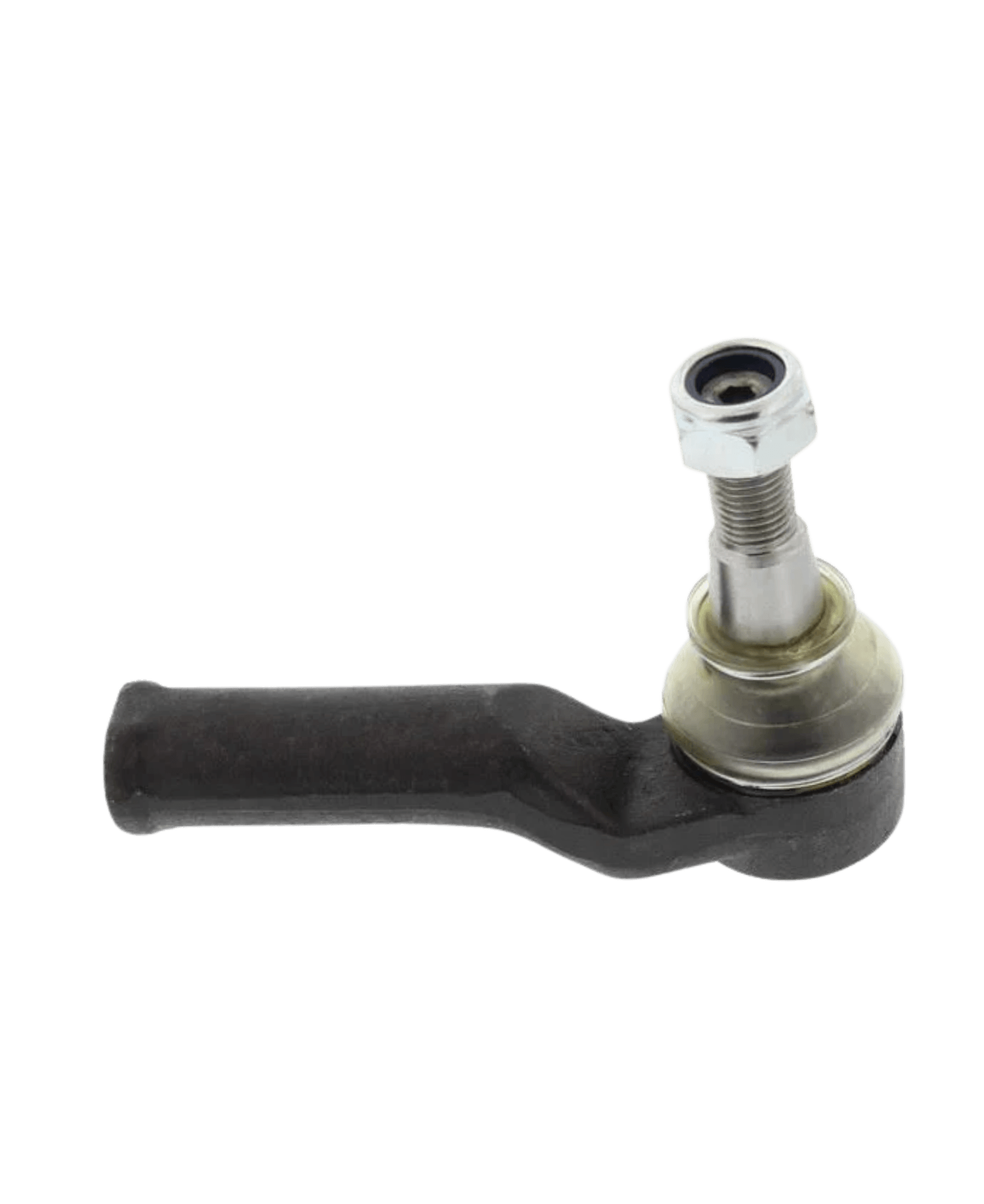 Forged steel curved neck outer track rod end highlighting a low-friction internal ball joint assembly and a nylon-locking flange retention nut.