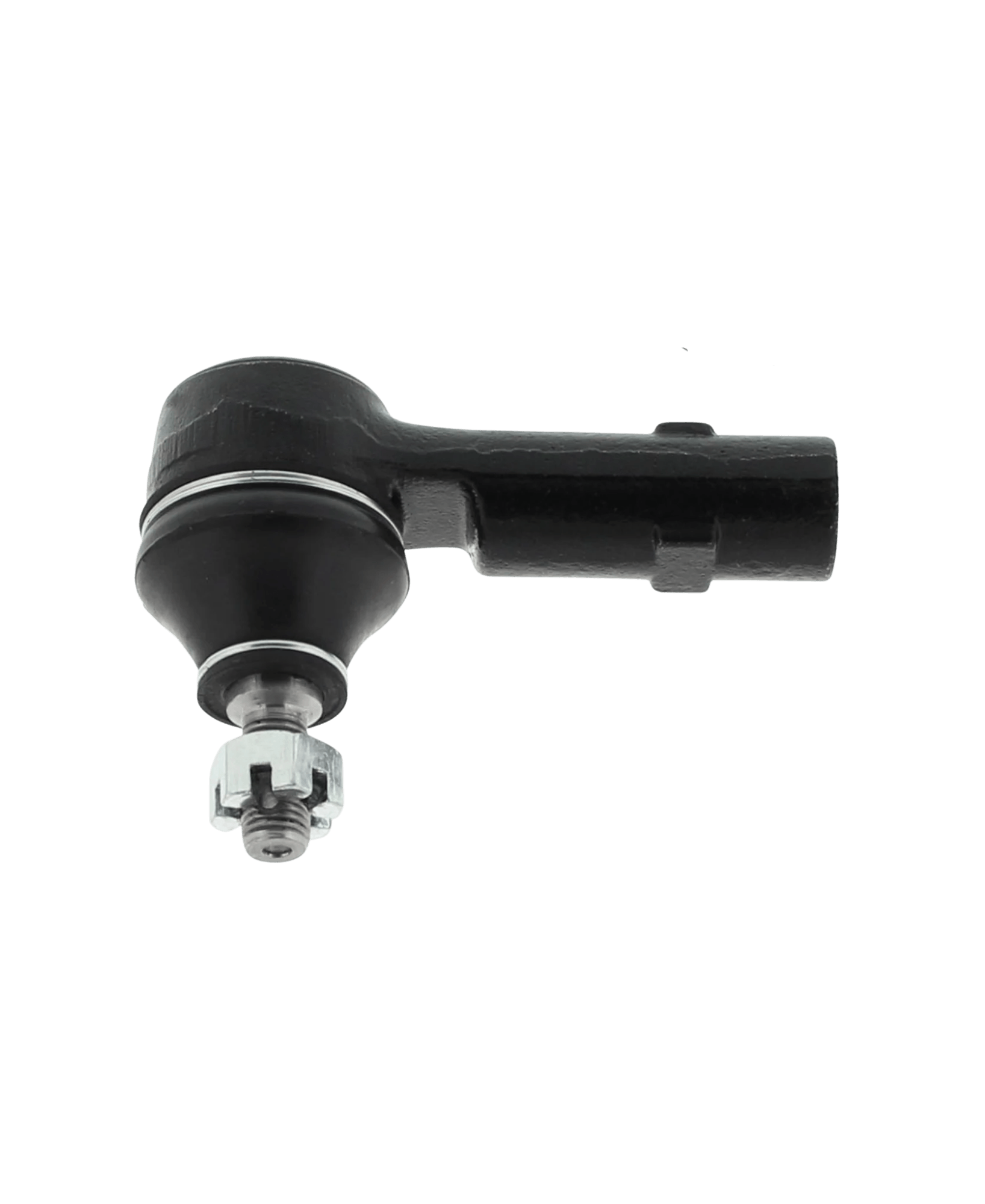 Industrial black oxide coated inverted outer tie rod end showcasing a high deflection spherical stud configuration and cotter pin slot.