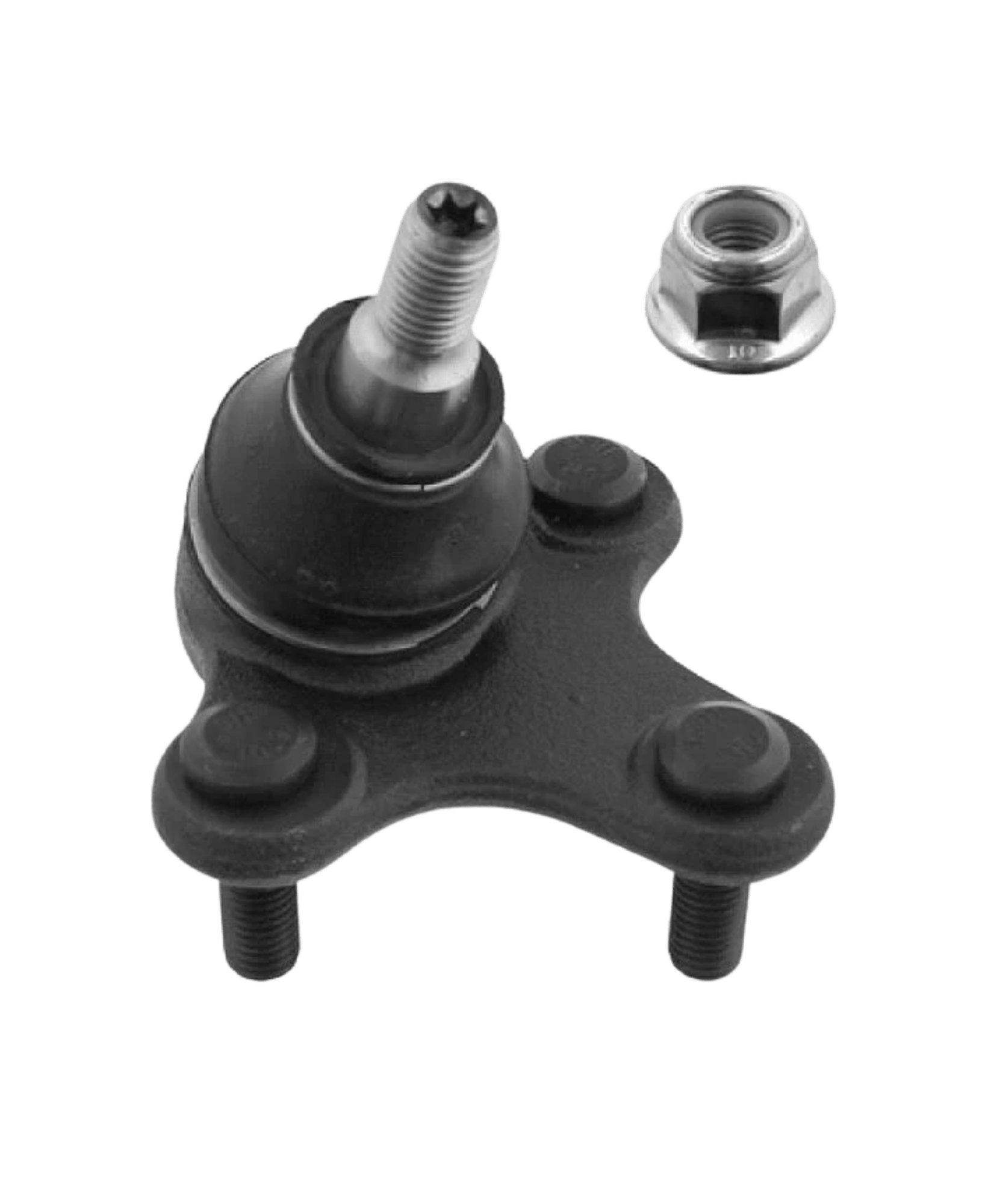 Stamped steel suspension ball joint incorporating a heavy-duty three bolt mounting flange plate and a locking flange head nut.