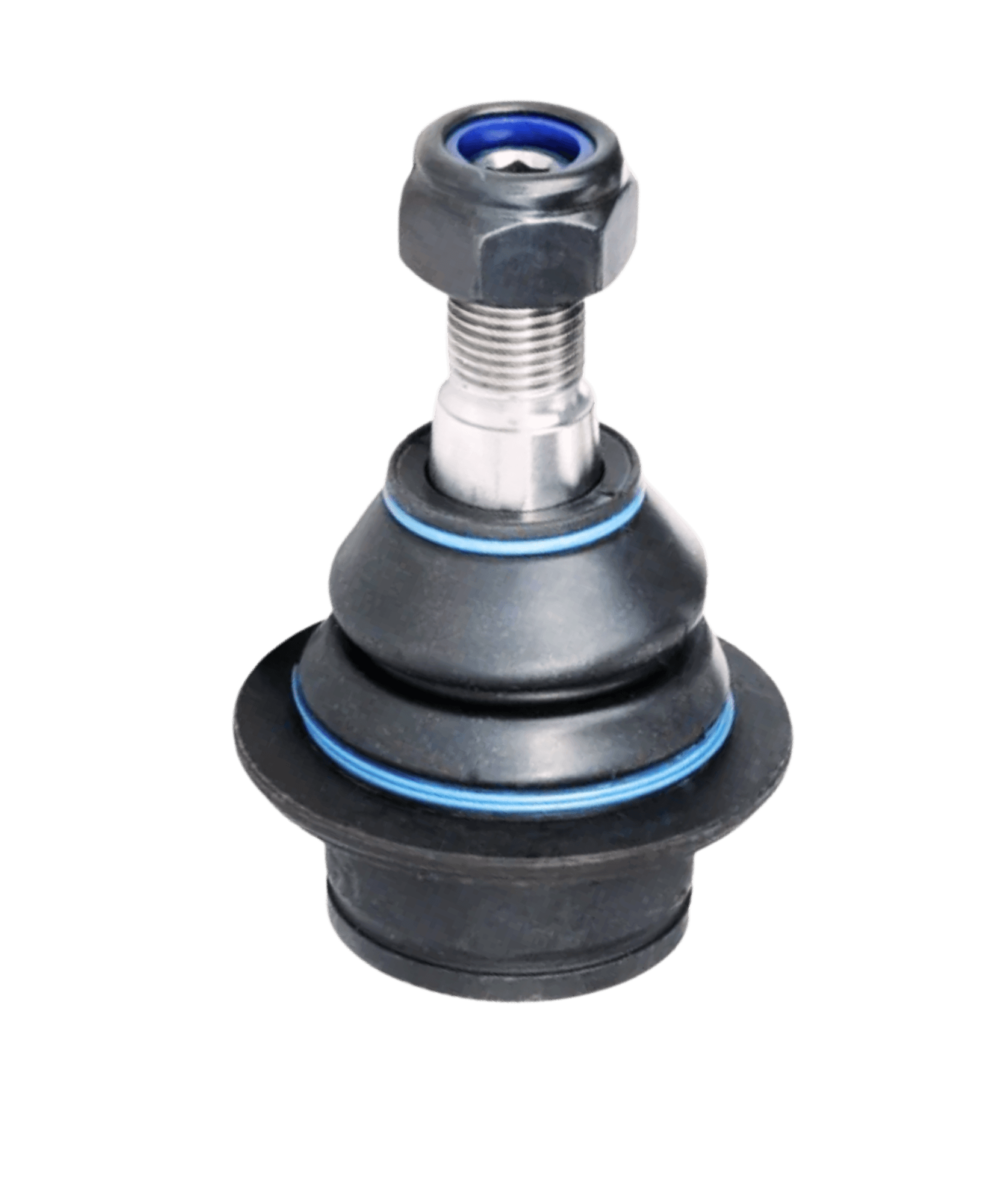 Press-in spherical control arm ball joint highlighting a distinct blue rubber retention boot ring and induction-hardened mounting shoulder lines.