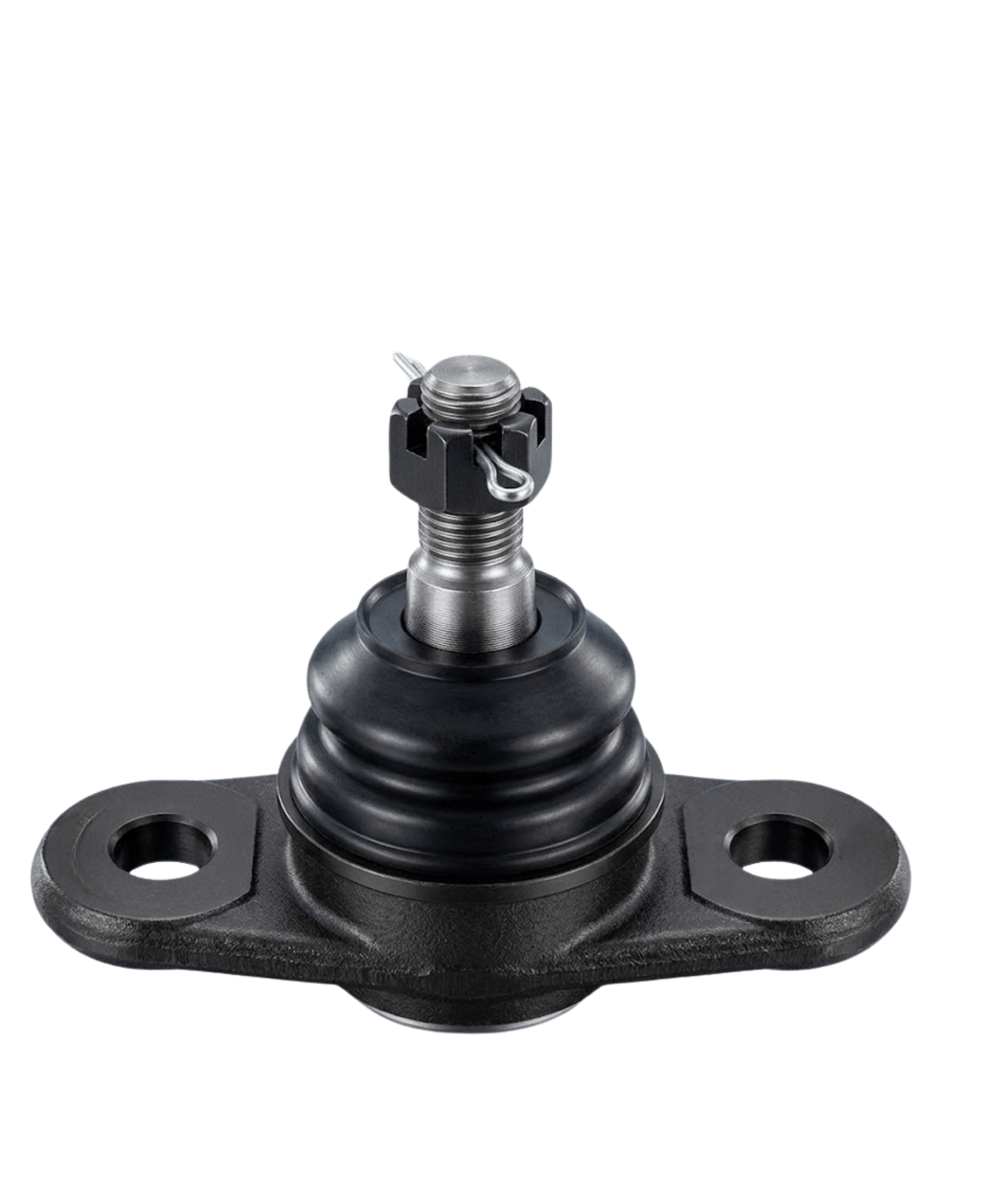 Flat flange alignment suspension ball joint equipped with a robust triple ring dust boot and an upper slotted castle nut.