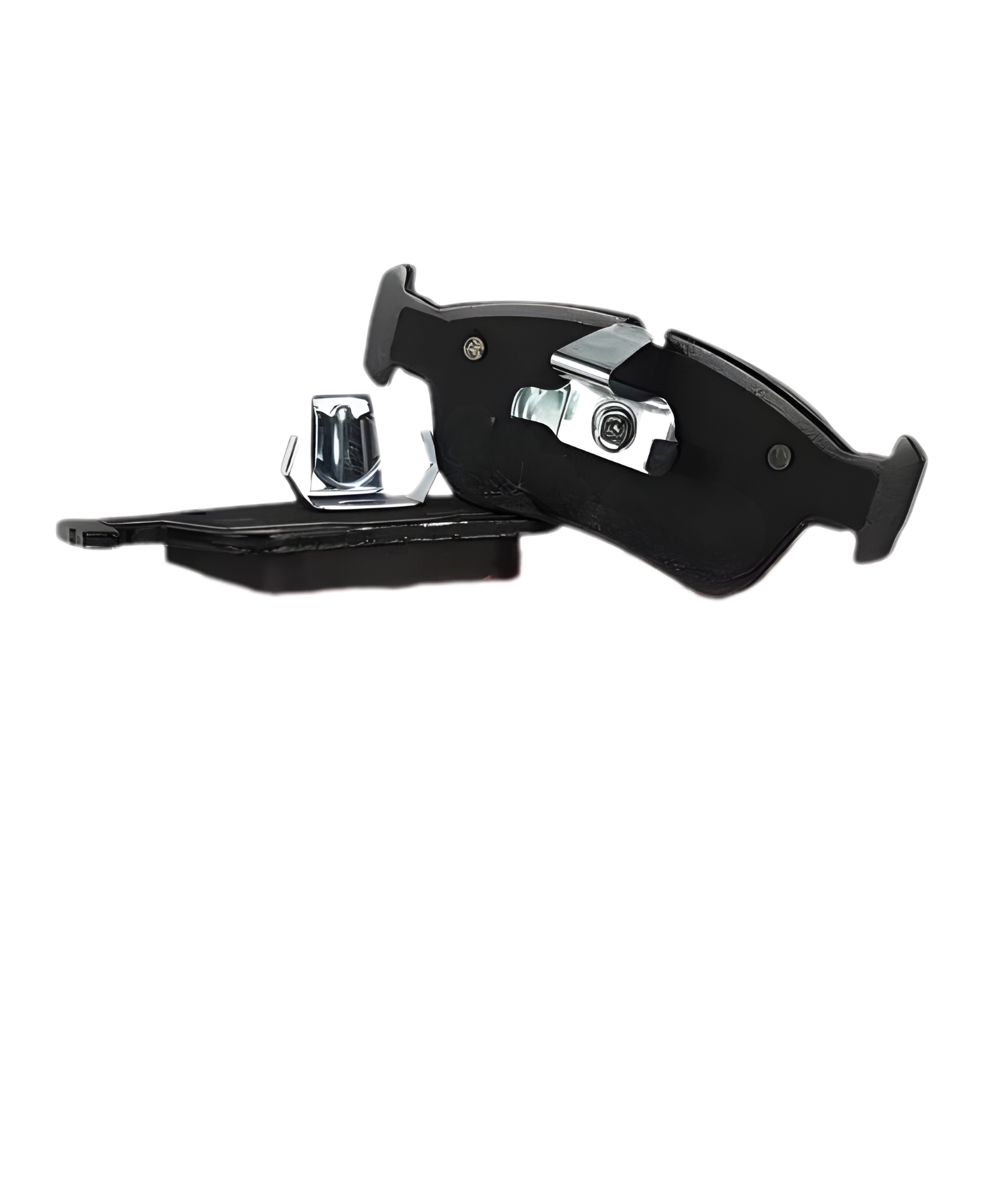 Two black disc brake pads stacked together with a silver metal clip fixed to the upper pad and a loose spring clip