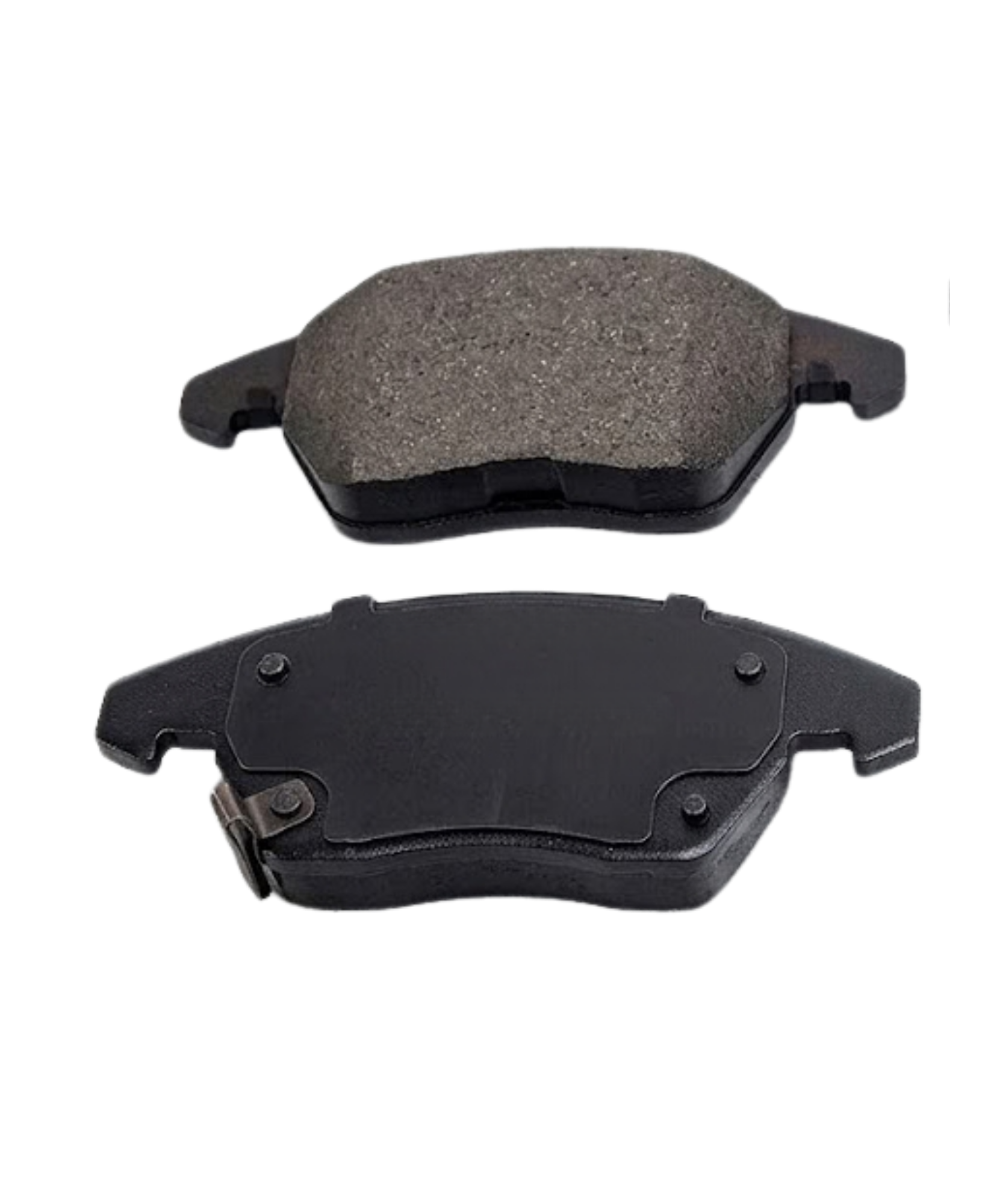 Brake pad friction surface with a grey textured lining, chamfered edges and steel backing plate ears